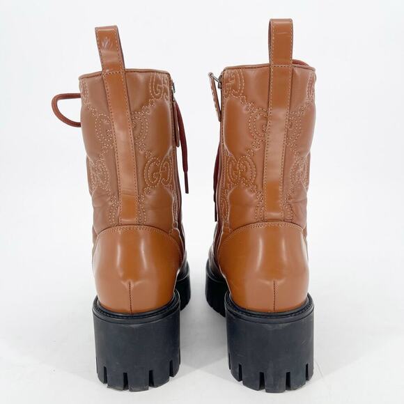 Gucci Cognac Brown Leather Quilted GG Logo Combat Moto Ankle Boot size EU 39.5 - Picture 8 of 15